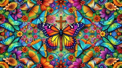 Vibrant butterfly wings spread across a colorful cross background, with intricate patterns and shapes , flowers