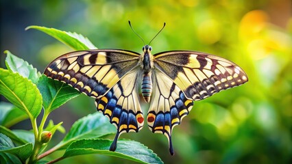 Papilio machaon butterfly perched on a leaf , botanical, butterflies,  botanical, butterflies, outdoors