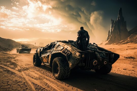 Back view of a post-apocalyptic scene with a car in a desert.