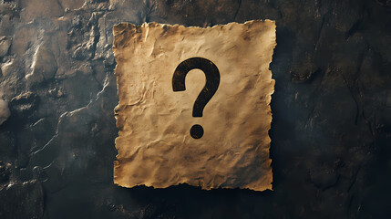 Vintage square parchment with a central question mark floating on a dark background symbolizing old world mystery and hidden information. Mystery - Night. Illustration
