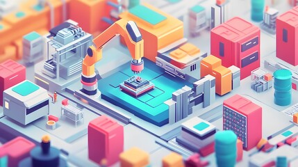 Obraz premium A cityscape with a robot in the foreground. The robot is working on a computer chip. The city is full of buildings and has a futuristic feel to it