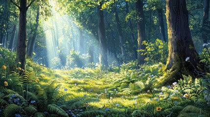 Obraz premium Sunbeams illuminate a lush forest floor, wildflowers and ferns thrive in dappled light.
