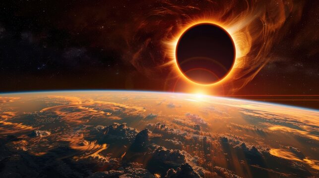 The total solar eclipse from space shows the moon's shadow sweeping across the Earth, with the sun's corona shining brightly.