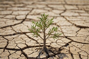 Small green plant growing on dry ground cracked and dried-up land soil surface. Drought, lack of water, climate change, heatwave, and global warming disaster concept.