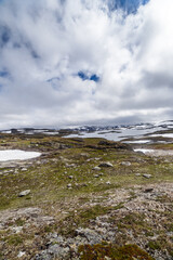 Stunning Scandinavian Landscape with Snow-Capped Mountains Under Dramatic Clouds and Verdant Ground Cover, Capturing the Beauty of Nature's Untamed Terrain in the Wilderness