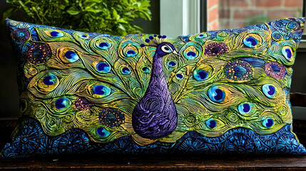 Vibrant peacock pillow art displayed indoors with greenery and a cozy atmosphere