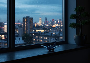 Fototapeta premium Origami Crane on Rainy Sill with Blurred Cityscape