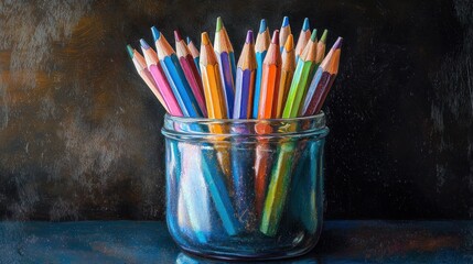 Colorful pencils in glass jar on dark background.