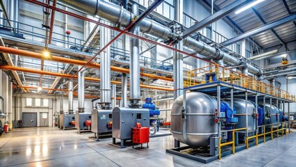 Fototapeta premium Large industrial gas boiler room with high ceilings and metal shelving storing various boilers and equipment, boiler rooms, large equipment