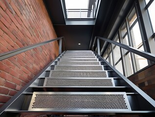 Fototapeta premium Modern industrial staircase with metal steps and glass railing in a contemporary architectural space. Urban loft design featuring exposed brick, steel structure, and geometric perspective 