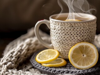 Warm water steams from mug with lemon. Placed on cozy knitted coaster, light catches the vapor trails in soft light.