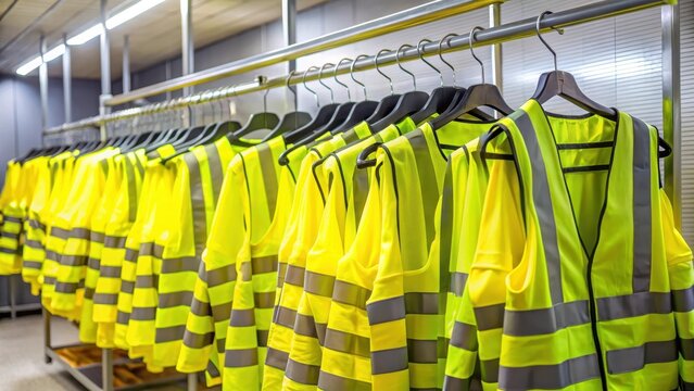 Protective yellow vests hanging on matching hangers in a storage room, workspace