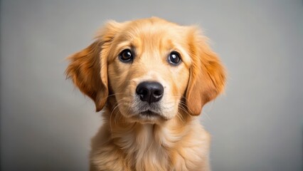 A golden retriever puppy with a thick coat of fluffy fur and big brown eyes looking up at the camera with curiosity, adorable animals, fluffy pets