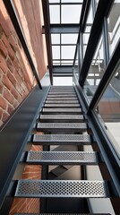 Obraz premium Modern industrial staircase with metal steps and glass railing in a contemporary architectural space. Urban loft design featuring exposed brick, steel structure, and geometric perspective 