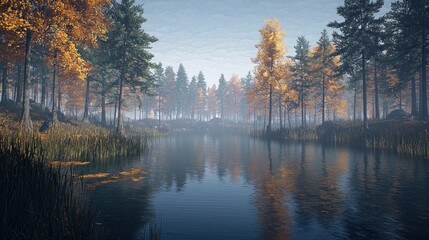 Obraz premium Misty autumn forest reflecting in calm lake. (1)