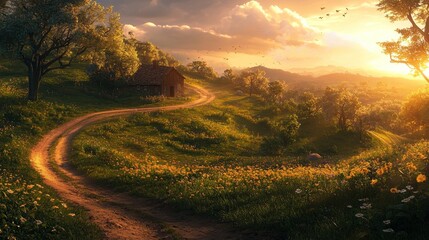 Fototapeta premium Sunset over winding road, cabin, wildflowers.