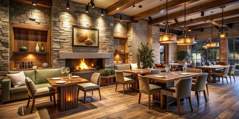 Warm lighting and wooden accents in a modern Italian restaurant interior with a cozy atmosphere, featuring a stone fireplace and comfortable seating areas, modern decor, upscale casual