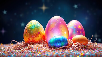 Celestial Easter Eggs with Rainbow Glitter and Starry Backgrounds