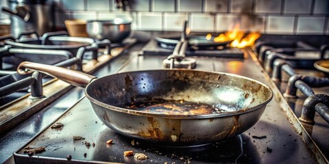 A darkened cooking vessel with charred deposits and discolored residue on its surface