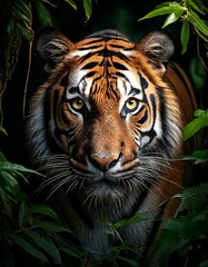 Fototapeta premium Gran tigre oculto al asecho. Concepto de vida salvaje.