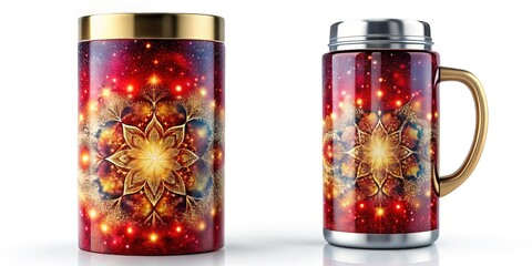 Fototapeta premium Cherry-red thermos, gold accents, water splashes, night sky kaleidoscope, tilt-shift.