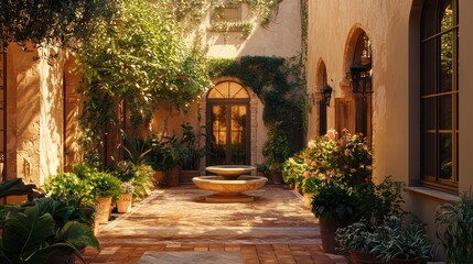 Fototapeta premium Sunlit Mediterranean courtyard with fountain, plants, and arched doorways.