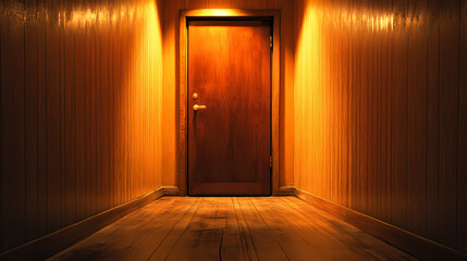 A wooden door in a dimly lit hallway, suggesting a sense of mystery or anticipation. Mystery - Night. Illustration