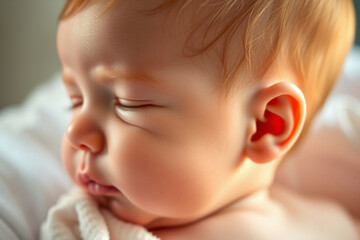 The portrait of the sleeping newborn  in soft light. AI image
