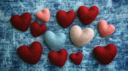 Obraz premium felt heart decorations on blue background