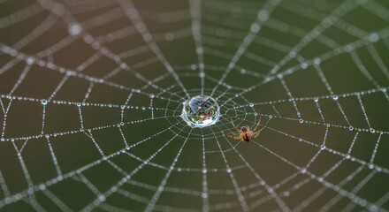 Obraz premium Macro Close-up of Spider Web with Dewdrops and Light Reflections in Natural Outdoor Setting