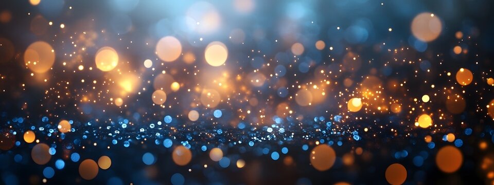 fond lumineux abstrait avec des bokeh dor&eacute;s et bleus dans l'obscurit&eacute;, repr&eacute;sentant la magie et l'illumination effets lumineux. - No&euml;l, f&ecirc;tes de fin d'ann&eacute;e d&eacute;cembre janvier,
