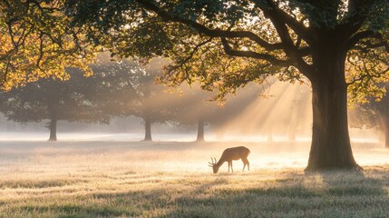 Red deer stag grazing in misty sunrise, sun rays through autumnal trees.