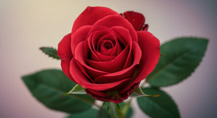 Red Rose Blooming in Nature Close-Up with Green Leaves on Pink Background