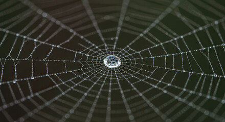 Obraz premium Close-Up of Spider Web with Dew Droplets Displaying Symmetrical Design and Details in Nature
