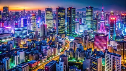 Obraz premium Vibrant Tokyo cityscape with towering skyscrapers and neon lights, skyscrapers, neon, skyscrapers