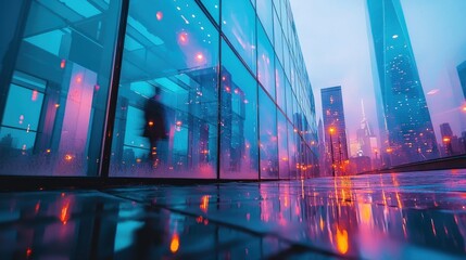 Futuristic city nightscape reflected in modern building glass.