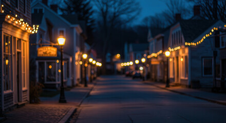 Obraz premium Quiet Illuminated Street at Night with Cozy Architecture and Twinkling Holiday Lights in Scenic Town