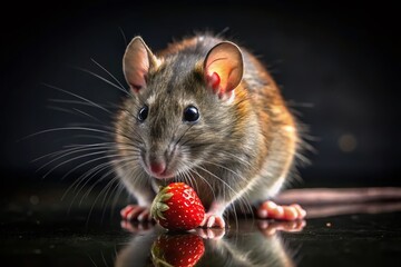 Low Light Photo of Rat Eating Strawberry, Isolated on White