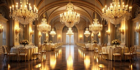 Grand luxurious event setup with gold arches under elegant chandeliers and soft warm candlelight illumination , sophistication, gold arch