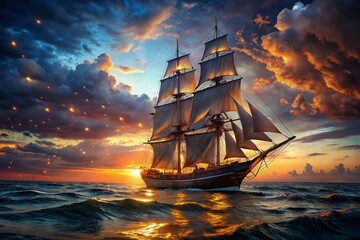 Fototapeta premium Low Light Schooner Sailing at Dusk - Dramatic Seascape Stock Photo