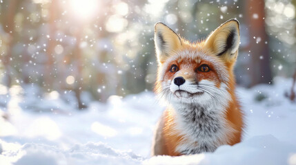 Fototapeta premium solitary fox in snowy forest during winter, showcasing its vibrant fur and curious expression