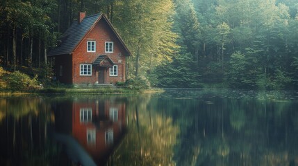 Fototapeta premium Red house reflecting in calm lake, misty forest.