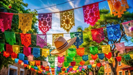 Naklejka premium Vibrant papel picado garland suspended from a streetlamp, shimmering in sunlight