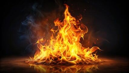 Fototapeta premium A burning fire flame with orange and yellow hues on a black background, surrounded by dark shadows