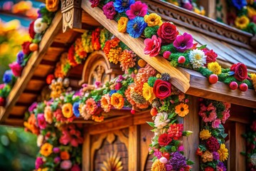 Fototapeta premium Low Light Wooden Structure with Flowers, Rustic Wooden Floor, Grey Background - Stock Photo