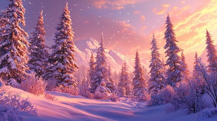 Fototapeta premium Snowy mountain forest at sunset.