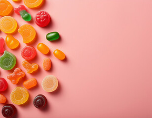 Colorful gummy candies in various shapes and flavors are scattered on a pastel pink background with copy space