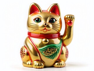 Lucky Cat Maneki Neko Figurine, Japanese Good Luck Charm, Isolated White Background