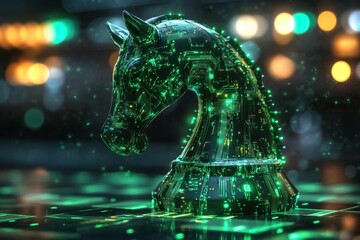 Futuristic digital chess piece with green circuitry and glowing elements, representing strategy, technology, and innovation in gaming and artificial intelligence