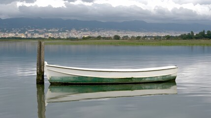 Obraz premium Serene Rowboat on Calm Lake with City Skyline